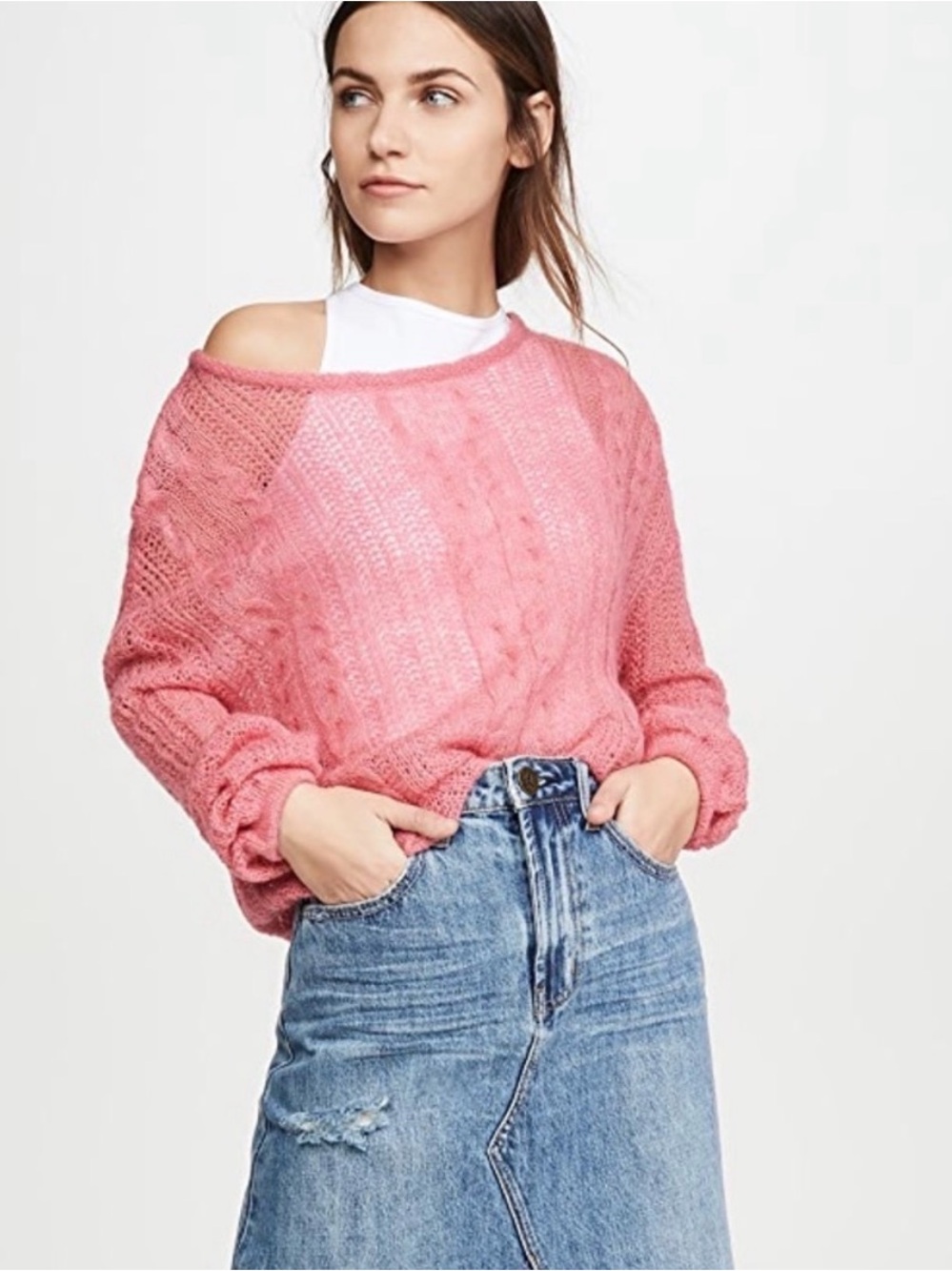 Free People Coral Pink Off-Shoulder Open-Knit Sweater